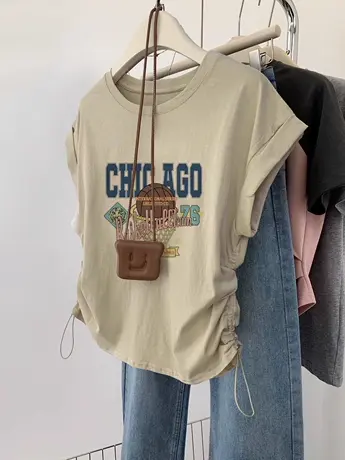 港风ins抽绳短袖t恤女夏大码设计感小众修身显瘦紧身辣妹短款上衣商品大图