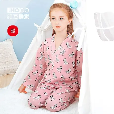 红豆纯棉儿童睡衣日式长袖家居服女孩卡通印花全棉女童和服套装女商品大图