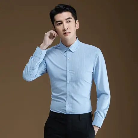 POWO长袖衬衫蓝色格纹商务职业正装修身韩版衬衣男春季新款高级感图片