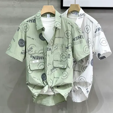 夏季笑脸涂鸦短袖花衬衫男士宽松沙滩工装纯棉半袖衬衣男生外套潮商品大图