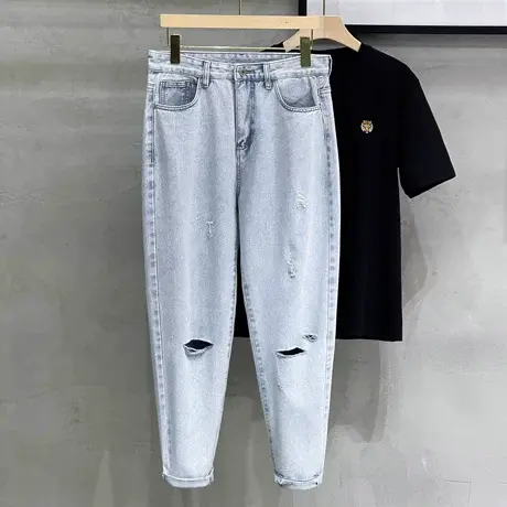 破洞牛仔裤男潮牌水洗复古嘻哈乞丐九分长裤子韩版潮流哈伦裤宽松图片