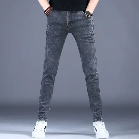 男士拼接工装牛仔裤男款修身小脚弹力裤子2023新款秋冬薄休闲潮牌商品大图