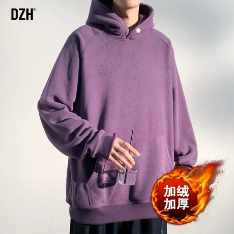 男生紫色卫衣男冬季加绒潮牌连帽运动服男装上衣2024新款宽松打底商品大图