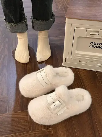 网红皮带扣毛毛拖鞋女外穿2023年秋冬新款厚底奶呼呼保暖包头棉拖商品大图