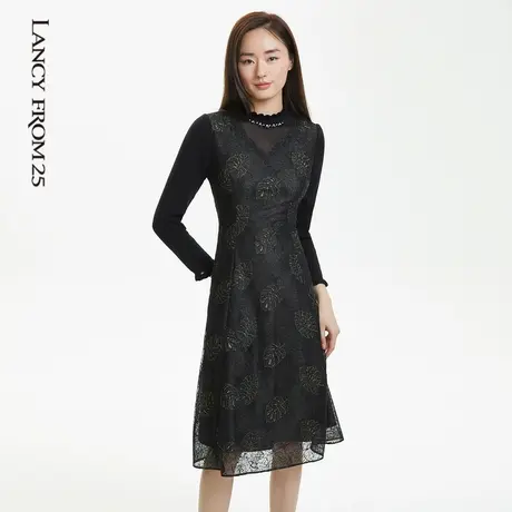 LANCY/悦朗姿冬季新款收腰蕾丝显瘦印花连衣裙女小立领裙子奥莱图片