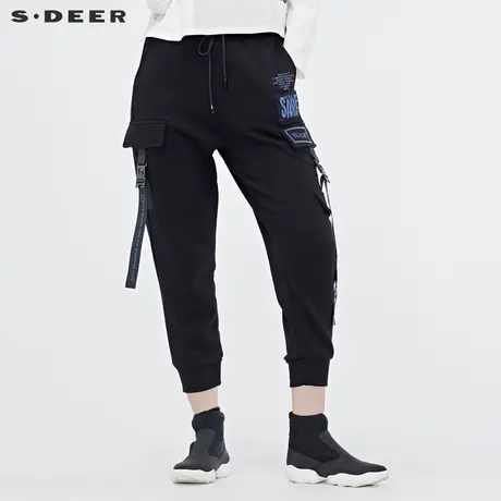 sdeer圣迪奥2019秋装女松紧腰撞色字母飘带吊裆运动裤S19180811商品大图