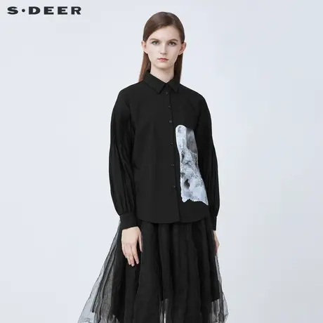 sdeer圣迪奥春装休闲翻领撞色印花宽松长袖衬衫S21380507图片