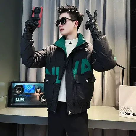 立领棉服男冬季2023新款撞色休闲设计感ins个性字母工装棉衣外套商品大图