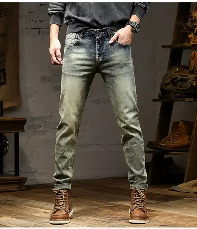 黄泥水洗复古牛仔裤男款修身小脚裤子男士潮流秋冬加绒加厚弹力裤图片