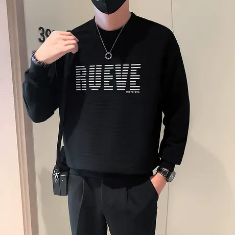 重磅圆领个性字母印花休闲卫衣男无帽春秋季美式潮牌长袖上衣t恤商品大图