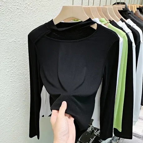 打底衫女2024春季新款洋气设计感挂脖露锁骨上衣修身黑色长袖t恤商品大图