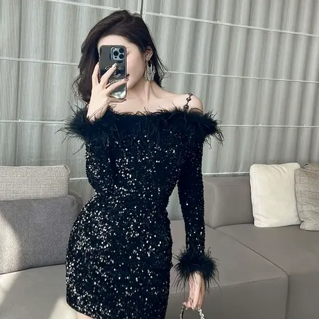 宴会晚宴生日派对小礼服平时可穿黑色羽毛一字肩吊带包臀连衣裙女图片