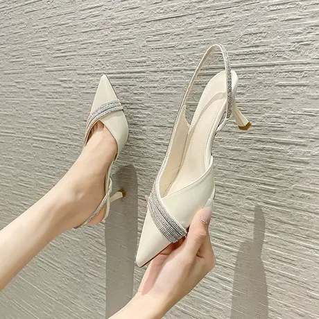 包头高跟鞋女2024年春秋季尖头女神范气质名媛水钻后空单鞋配裙子商品大图