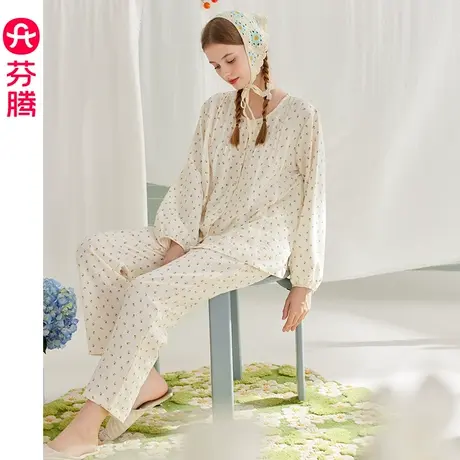芬腾睡衣女春秋长袖长裤圆领开衫碎花宽松甜美大码休闲家居服套装商品大图