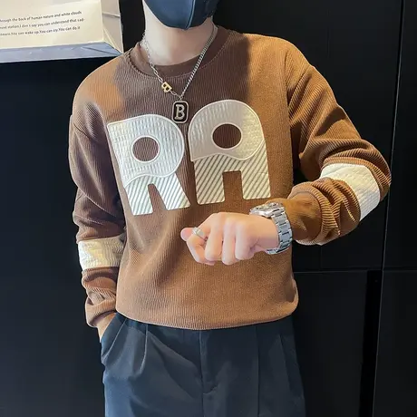 卫衣男灯芯绒拼接上衣长袖春季2024新款潮牌宽松休闲个性字母T恤商品大图