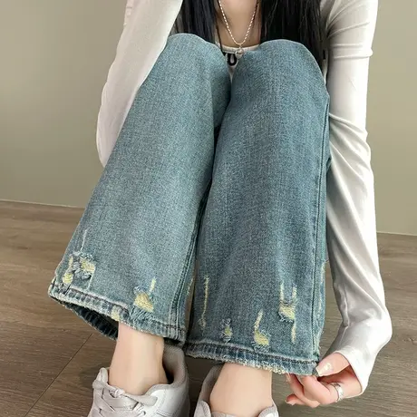 复古高腰直筒牛仔裤女春季新款窄版宽松梨形身材显瘦拖地阔腿裤子商品大图