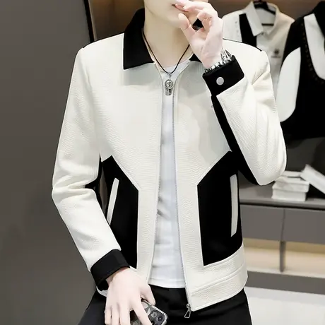 英伦痞帅男装高级感拼接撞色外套男士春秋款翻领夹克潮牌休闲上衣商品大图