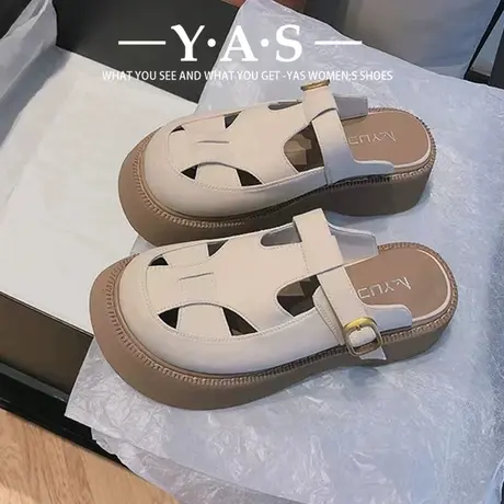 胖脚宽肥女鞋包头半拖鞋女孕妇鞋子夏外穿一脚蹬新款大头厚底拖鞋商品大图