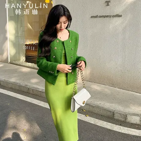 韩语琳春秋新款绿色双排扣粗花呢小香风短外套女羊毛高级感商品大图