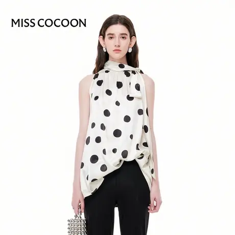 MISSCOCOON【金粉绮生】24夏新款高级感缎面气质波点挖肩雪纺衫商品大图