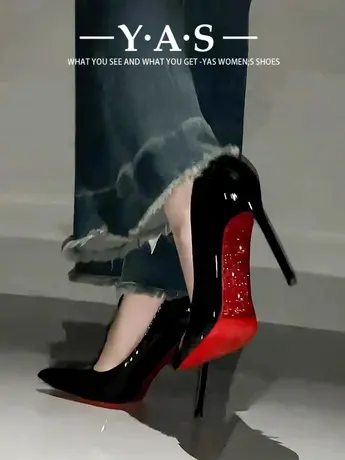 水钻红底高跟鞋女细跟春秋2024新款绝美性感婚鞋黑色漆皮尖头单鞋商品大图