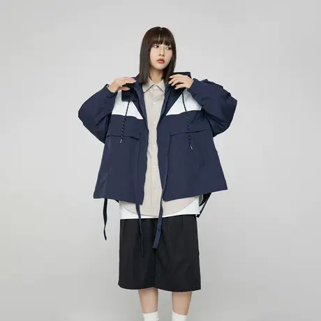 复古设计感拼接连帽运动外套女春秋2024年新款爆款宽松情侣装夹克商品大图