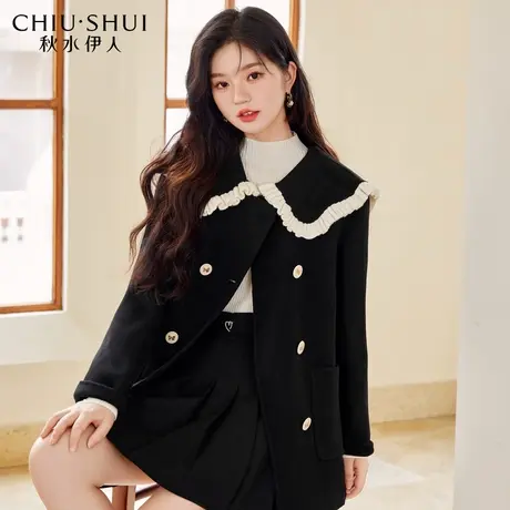 秋水伊人100%绵羊毛双面呢大衣2023年冬季新款女装娃娃领毛呢外套图片