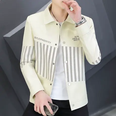 外套男春装潮牌刺绣拼接翻领条纹上衣春秋百搭休闲男装痞帅气夹克商品大图