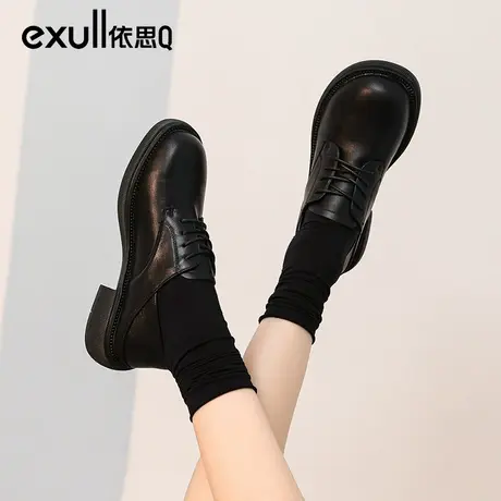 依思q黑色皮鞋女英伦风女鞋2024新款圆头系带粗跟软皮配正装单鞋商品大图