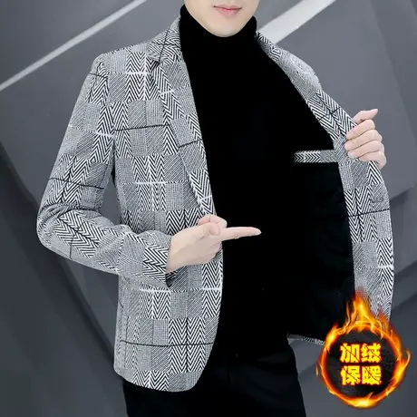 西服外套男士秋冬季韩版加绒加厚上衣男装潮流毛呢格子休闲小西装商品大图