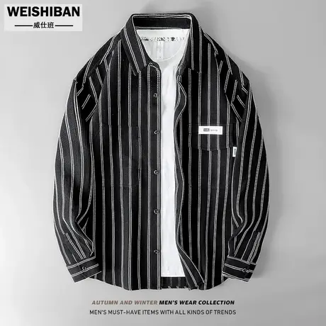 美式休闲色织条纹长袖衬衫外套男秋季2022年高级感工装暗袋衬衣男商品大图