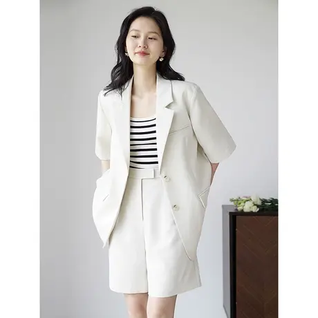 嘉茱莉2023年夏季新款短袖西装外套女薄款休闲小个子西服短裤套装商品大图