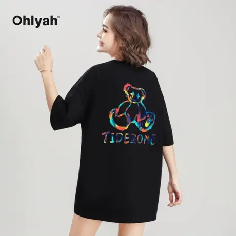 Ohlyah宽松纯棉卡通涂鸦小熊T恤女夏季短袖上衣学生情侣打底衫潮商品大图