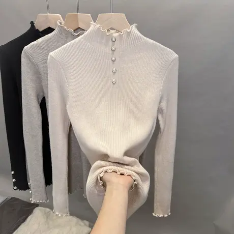 2023秋装新款半高领小木耳边打底衫女毛衣修身内搭针织衫套头上衣商品大图
