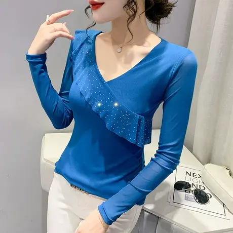 性感V领荷叶边长袖T恤女装欧货修身网纱打底衫内搭洋气烫钻上衣潮商品大图
