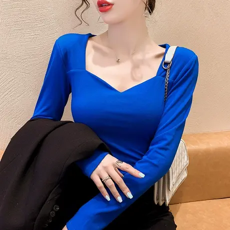 性感V领T恤女长袖春秋2023新款纯色百搭露锁骨上衣修身显瘦打底衫图片