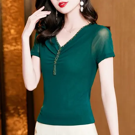 性感V领网纱短袖T恤女士夏装洋气百搭修身小衫时尚别致钉珠上衣潮商品大图