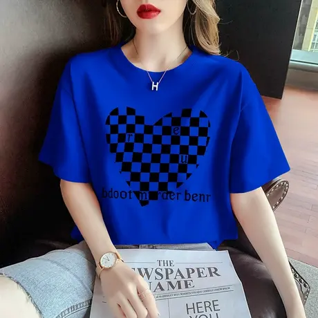 克莱因蓝爱心棋盘格T恤女韩版宽松2023夏季新款纯棉短袖上衣ins潮商品大图