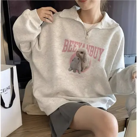 春秋季灰色polo领纯棉卫衣女2023新款爆款宽松半拉链翻领上衣外套图片