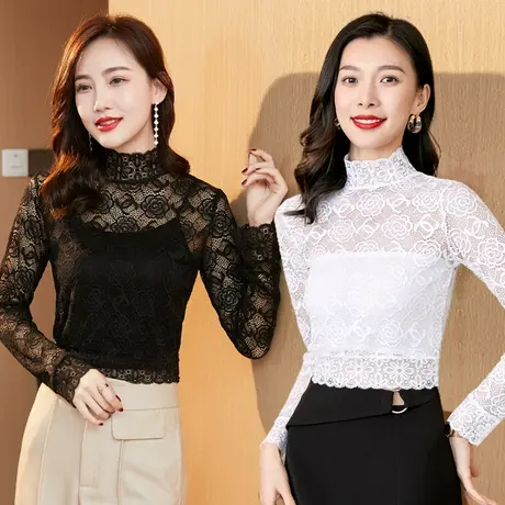 花边半高领蕾丝打底衫女长袖弹力洋气内搭假领子配毛衣衬衫上衣秋图片