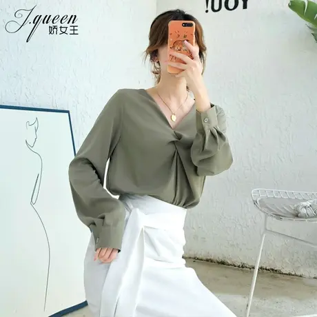纯色衬衫女秋季小众轻熟风扭结气质时尚V领衬衫垂感休闲长袖上衣商品大图