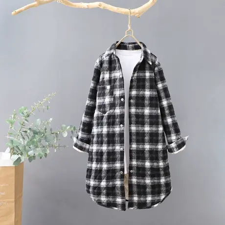 中长款宽松格子衬衫女秋冬新款文艺加厚夹棉保暖衬衣开衫外套棉衣图片