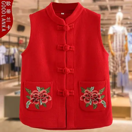 中老年妈妈秋装外穿马夹女大码宽松洋气复古刺绣立领短款马甲外套商品大图