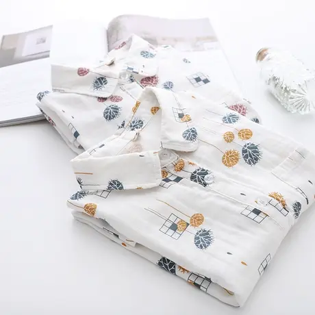 秋装日系棉纱上衣显瘦植物系印花气质翻领双层棉纱衬衫女打底衬衣商品大图