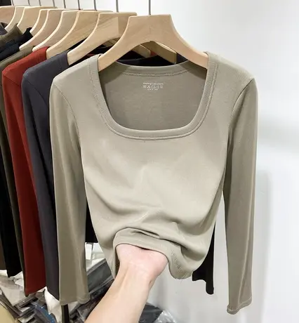 螺纹时尚方领露锁骨长袖t恤女上衣2023新款春秋修身内搭打底衫薄商品大图