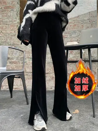 微喇阔腿裤女秋冬加厚长裤高腰宽松直筒休闲裤子加绒开叉丝绒裤商品大图