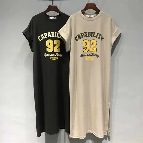 2023夏装新款做旧数字图案宽松韩范单侧开叉飞飞袖T裙连衣裙长裙商品大图