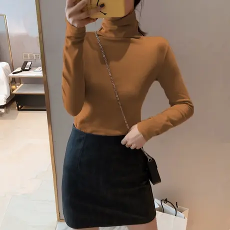 半高领内搭洋气百搭白色长袖t恤加绒上衣秋冬加厚德绒打底衫女装商品大图