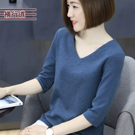 2023秋季七分袖t恤大码女装纯棉中年妈妈中袖打底衫v领上衣五分袖商品大图