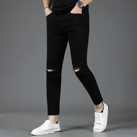 2023新款黑色破洞九分牛仔裤男夏季修身小脚薄款弹力男士裤子潮流商品大图